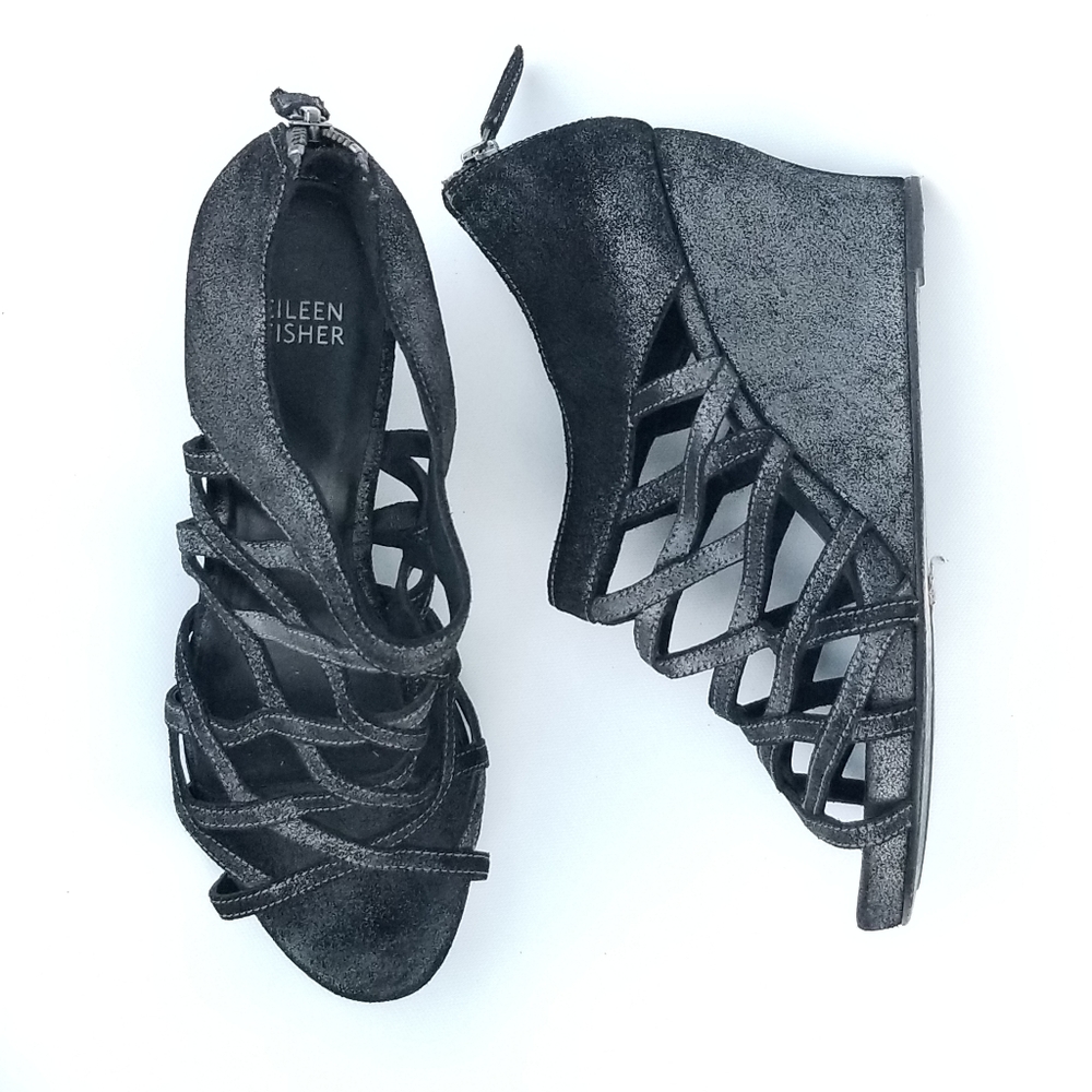 Eileen Fisher Cage Strappy Leather Wedge Sandal Metallic Grey Black Sz 9